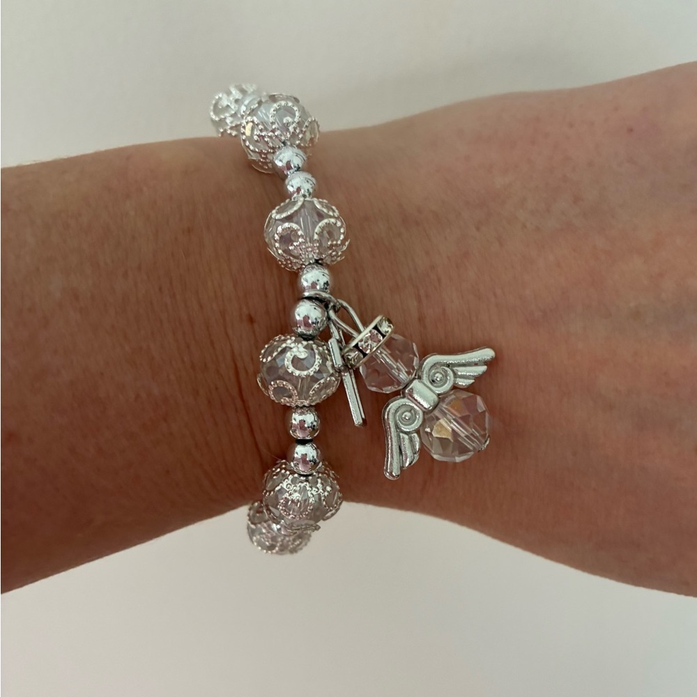 Silver Angel & cross Charm   8mm glass bead Bracelet